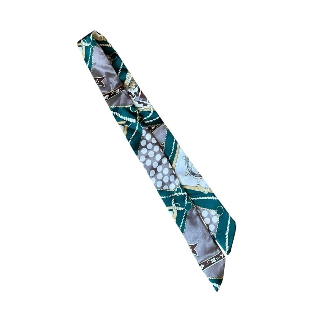 Green Nautical Tie Scarf Versatile Long Ribbon Gold White Brown 35